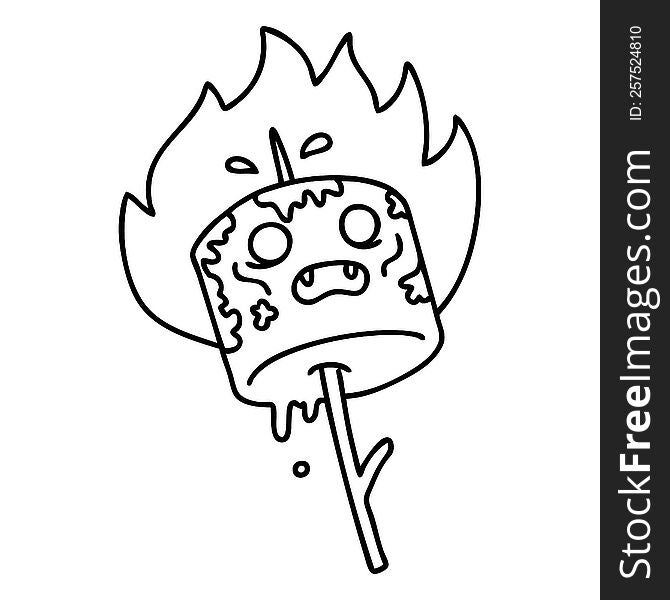 line doodle of a burning marshmallow on a stick. line doodle of a burning marshmallow on a stick