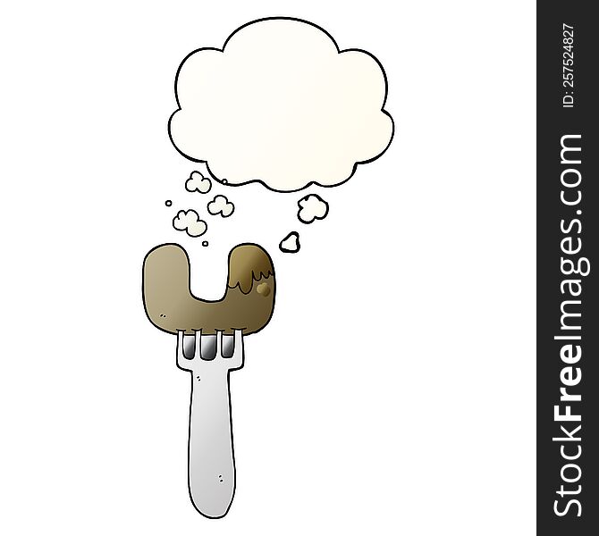 cartoon sausage on fork with thought bubble in smooth gradient style
