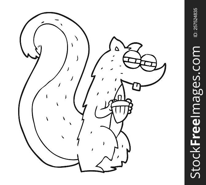 freehand drawn black and white cartoon squirrel with nut
