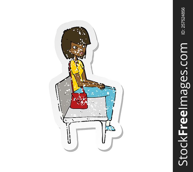 retro distressed sticker of a cartoon woman sitting on bench