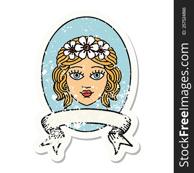 Grunge Sticker With Banner Of A Maiden With Crown Of Flowers