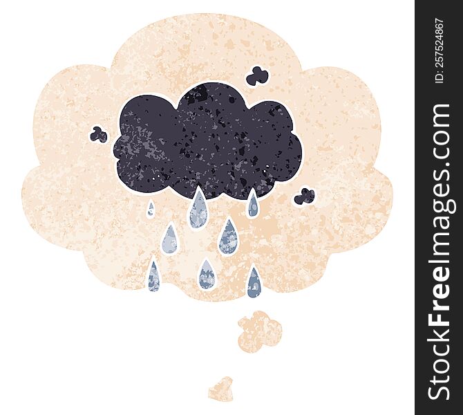 cartoon cloud raining with thought bubble in grunge distressed retro textured style. cartoon cloud raining with thought bubble in grunge distressed retro textured style