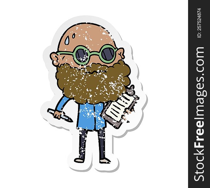 distressed sticker of a cartoon worried man with beard and sunglasses taking survey