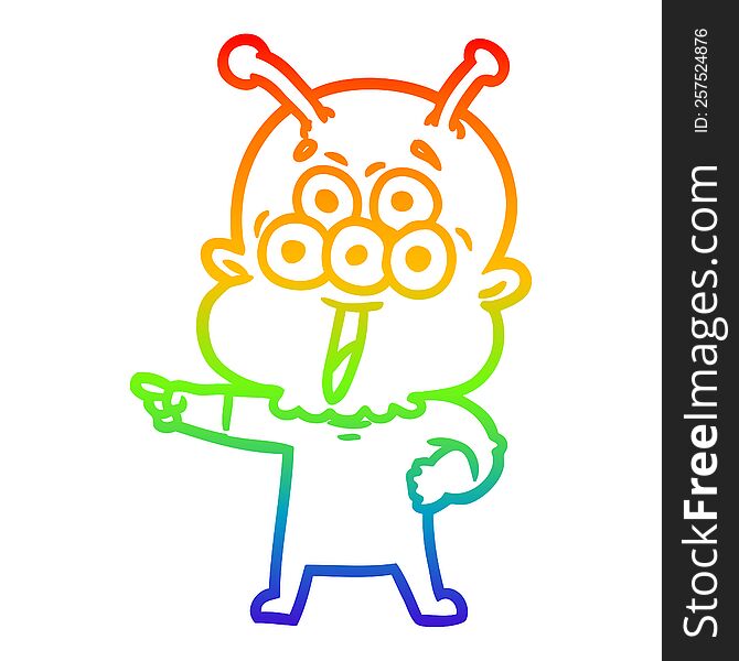 Rainbow Gradient Line Drawing Happy Cartoon Alien Pointing