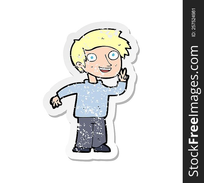 retro distressed sticker of a cartoon boy posing for photo