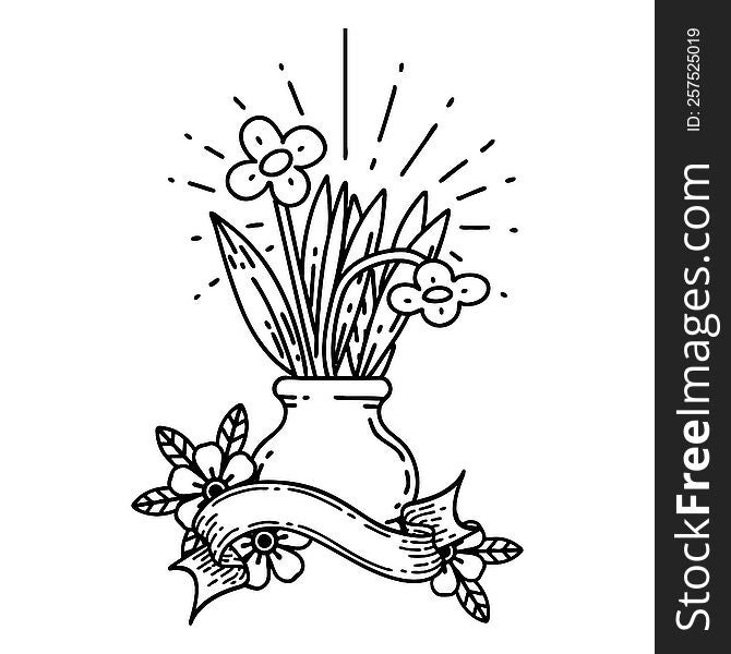 banner with black line work tattoo style flowers in vase