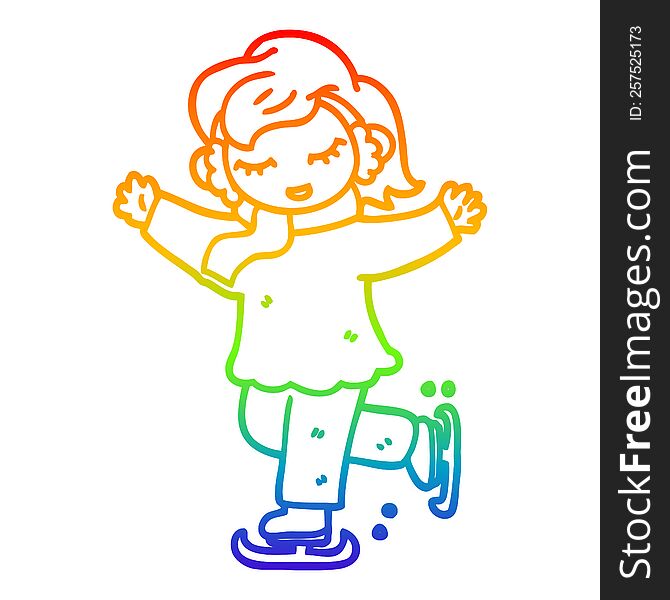 rainbow gradient line drawing cartoon girl ice skating