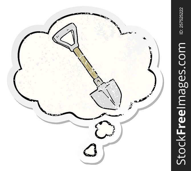 cartoon shovel with thought bubble as a distressed worn sticker