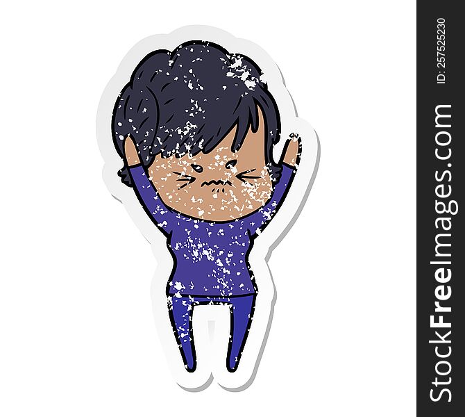 Distressed Sticker Of A Cartoon Frustrated Woman