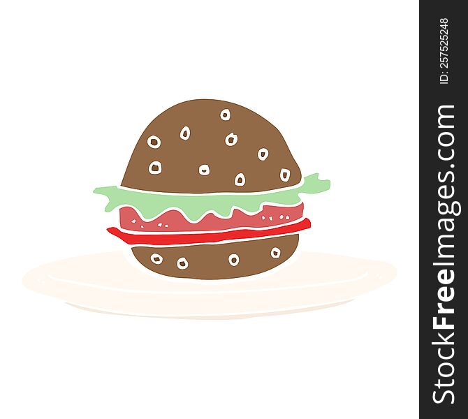 Flat Color Illustration Of A Cartoon Burger On Plate