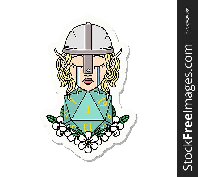 sticker of a sad elf fighter character with natural one d20 roll. sticker of a sad elf fighter character with natural one d20 roll