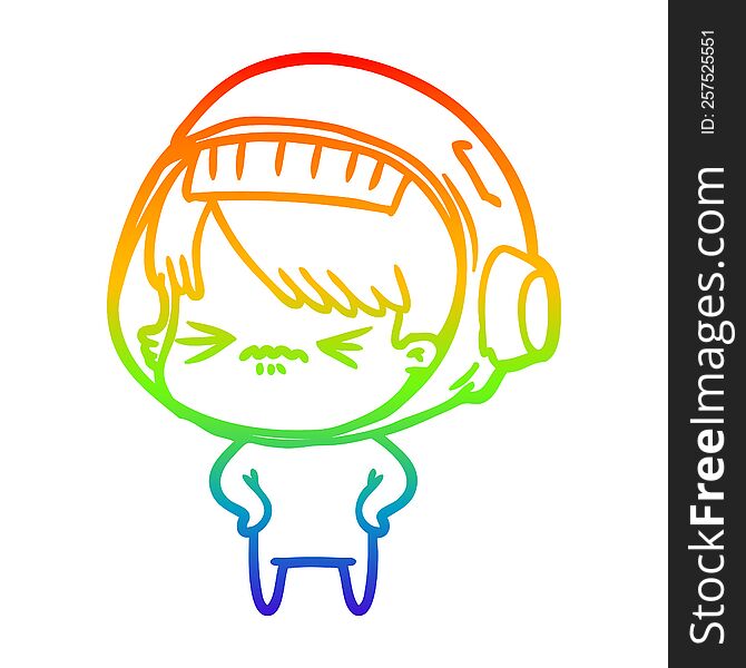 Rainbow Gradient Line Drawing Angry Cartoon Space Girl With Hands On Hips