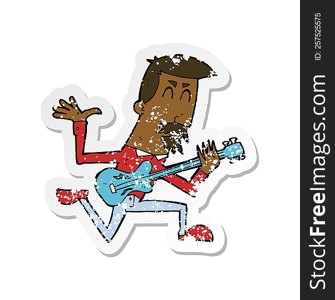 Retro Distressed Sticker Of A Cartoon Man Playing Electric Guitar