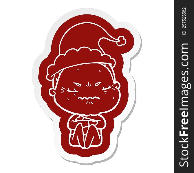 quirky cartoon  sticker of a annoyed old lady wearing santa hat