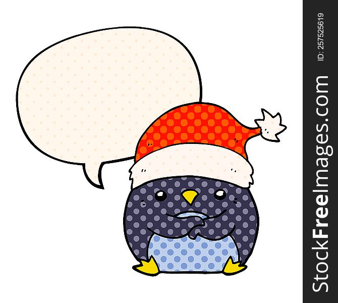 Cute Cartoon Penguin Wearing Christmas Hat And Speech Bubble In Comic Book Style