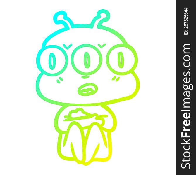 Cold Gradient Line Drawing Cartoon Three Eyed Alien