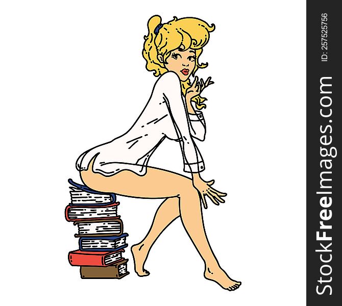 tattoo in traditional style of a pinup girl sitting on books. tattoo in traditional style of a pinup girl sitting on books