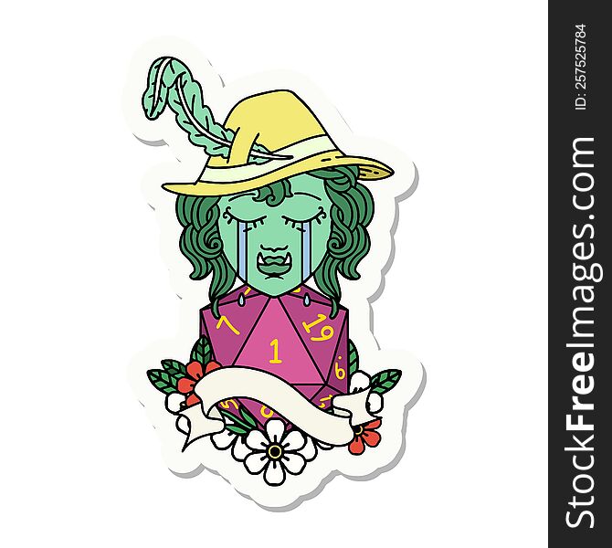 sticker of a crying orc bard character with natural one D20 roll. sticker of a crying orc bard character with natural one D20 roll