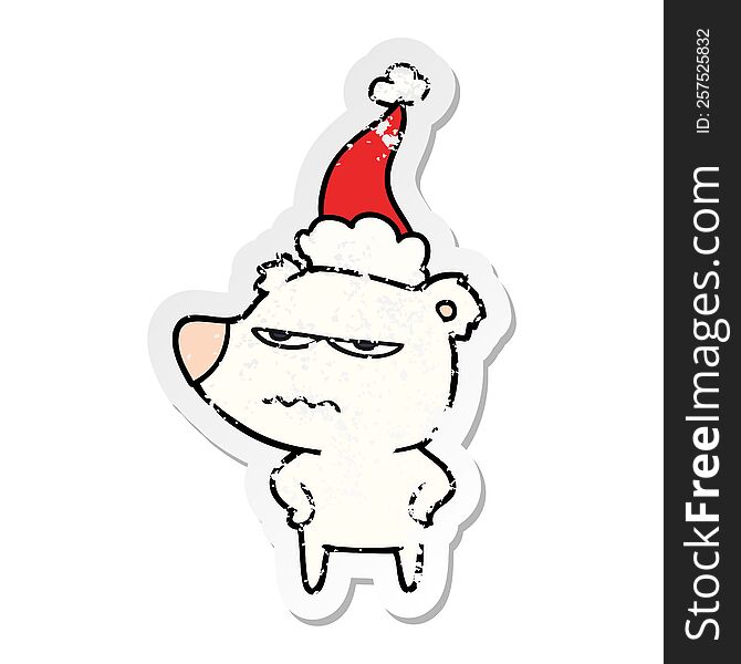 Angry Bear Polar Distressed Sticker Cartoon Of A Wearing Santa Hat