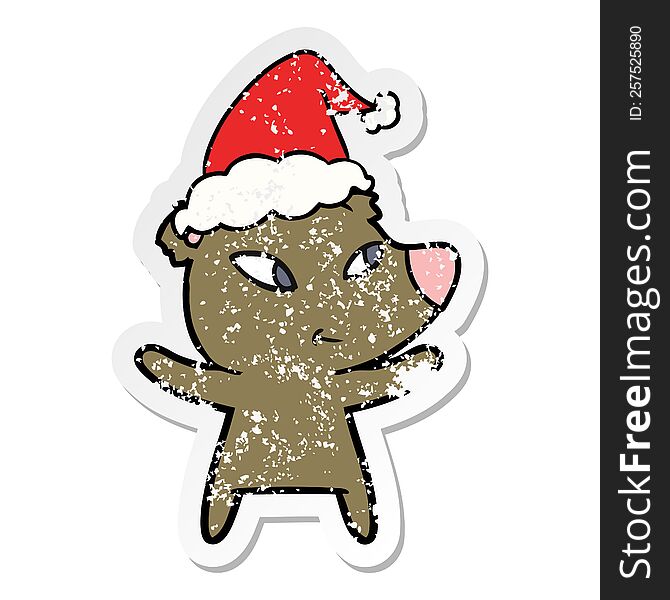 Cute Distressed Sticker Cartoon Of A Bear Wearing Santa Hat