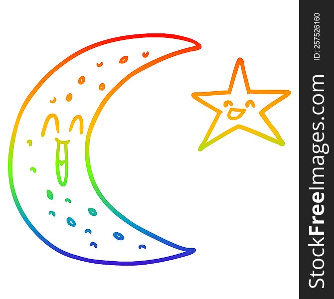 rainbow gradient line drawing of a happy cartoon moon and star