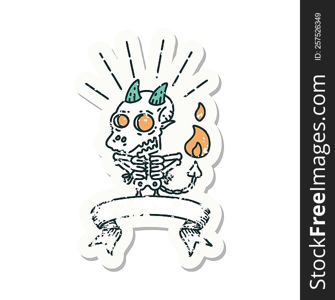 Grunge Sticker Of Tattoo Style Skeleton Demon Character