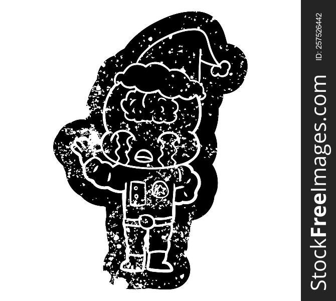 Cartoon Distressed Icon Of A Big Brain Alien Crying Wearing Santa Hat