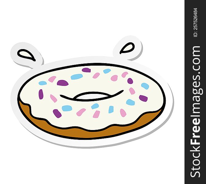hand drawn sticker cartoon doodle of an iced ring donut