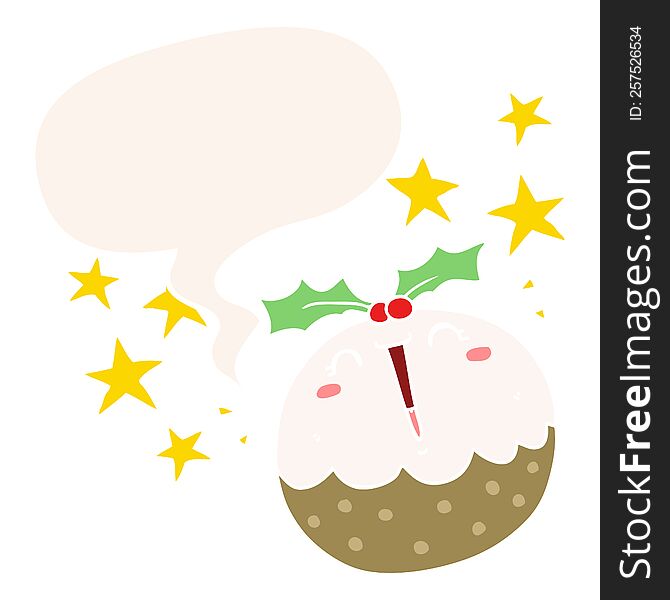 Cute Cartoon Happy Christmas Pudding And Speech Bubble In Retro Style