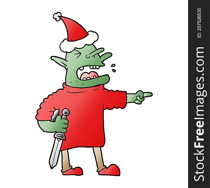 hand drawn gradient cartoon of a goblin with knife wearing santa hat