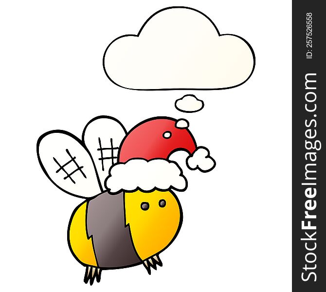 Cute Cartoon Bee Wearing Christmas Hat And Thought Bubble In Smooth Gradient Style