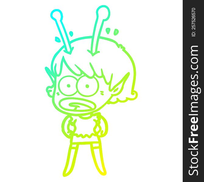 cold gradient line drawing of a cartoon shocked alien girl