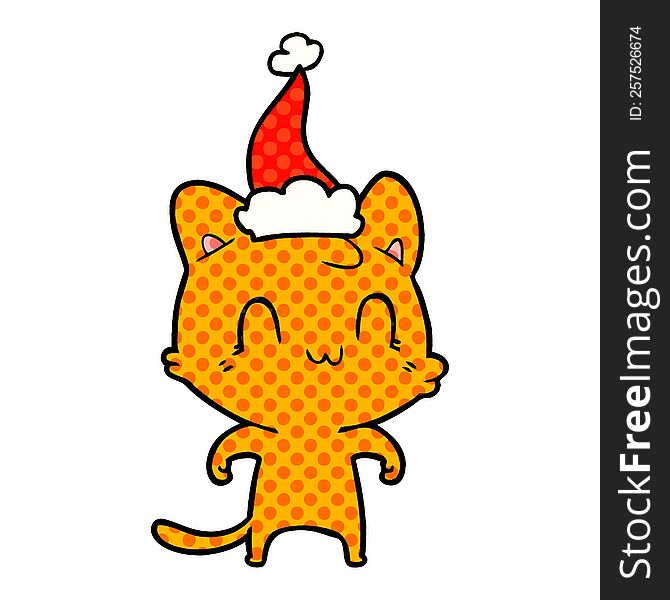 hand drawn comic book style illustration of a happy cat wearing santa hat