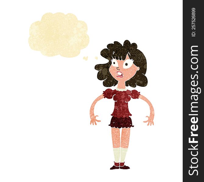 cartoon pretty girl with shocked expression with thought bubble