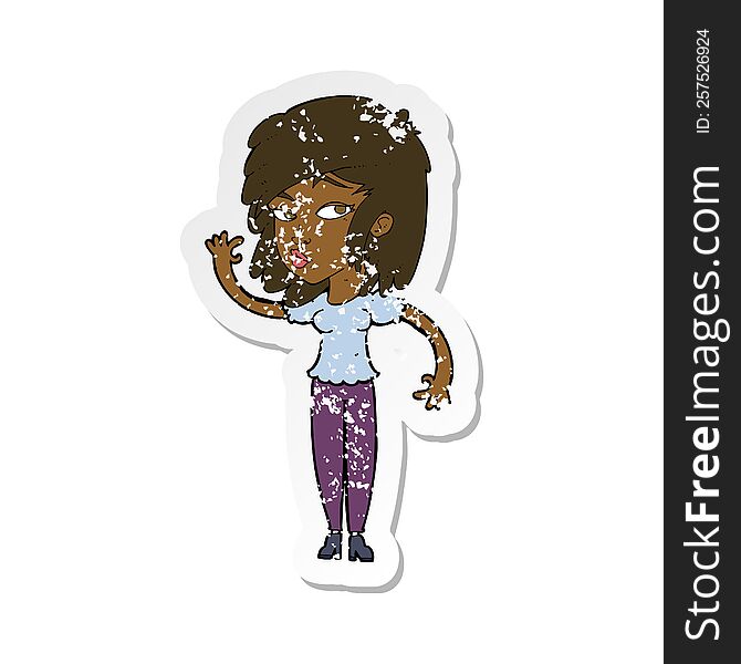 Retro Distressed Sticker Of A Cartoon Pretty Woman Waving