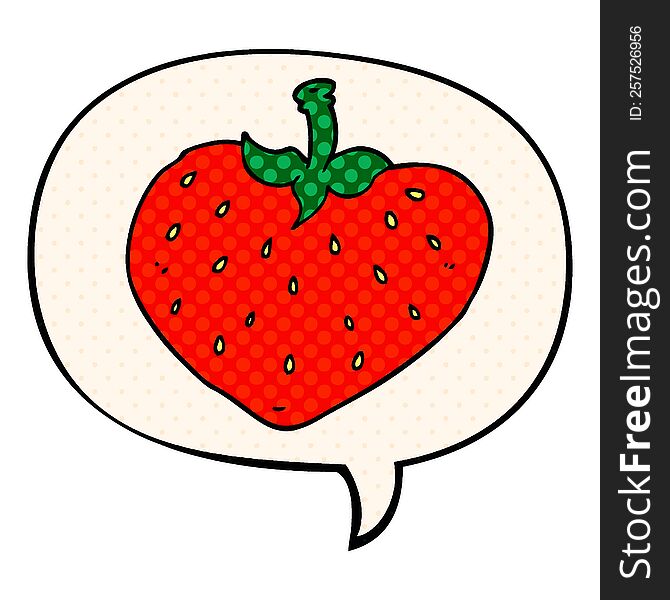 cartoon strawberry with speech bubble in comic book style