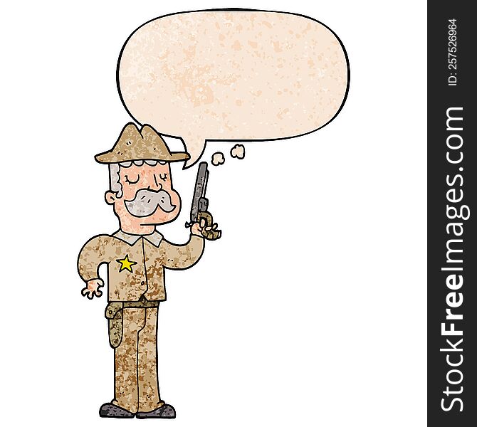cartoon sheriff with speech bubble in retro texture style