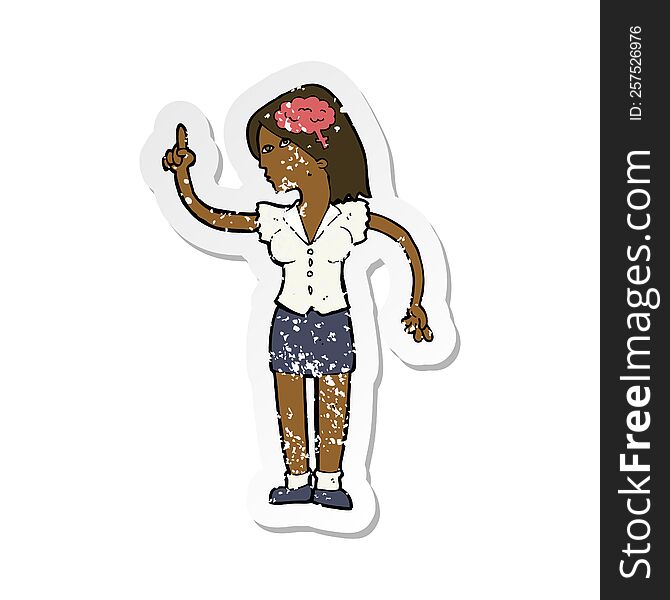retro distressed sticker of a cartoon woman with clever idea