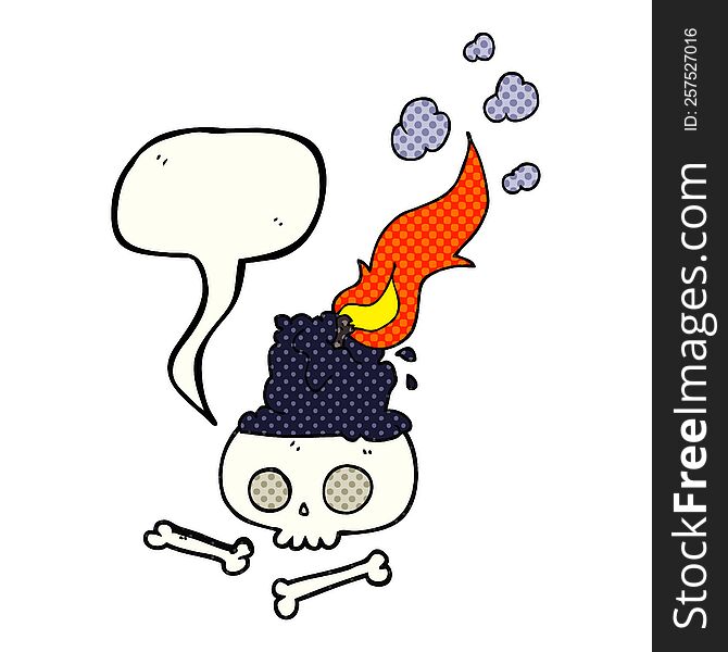 freehand drawn comic book speech bubble cartoon burning candle on skull