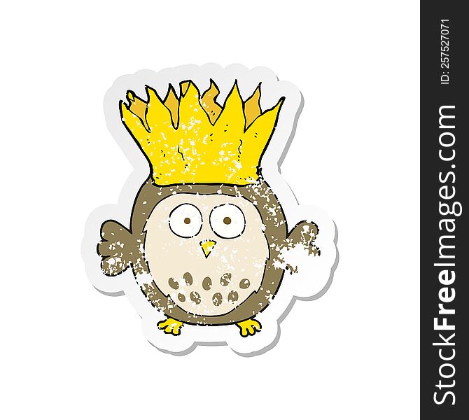 retro distressed sticker of a cartoon owl wearing paper crown christmas hat