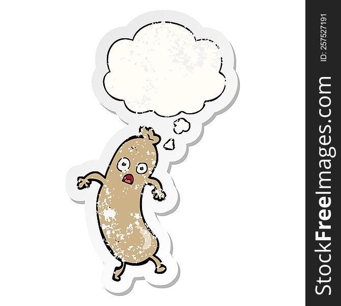 Cartoon Sausage And Thought Bubble As A Distressed Worn Sticker