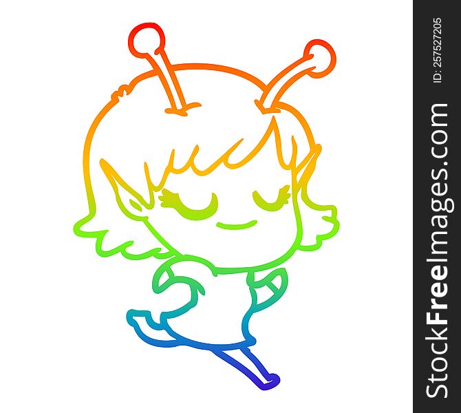 rainbow gradient line drawing of a smiling alien girl cartoon running
