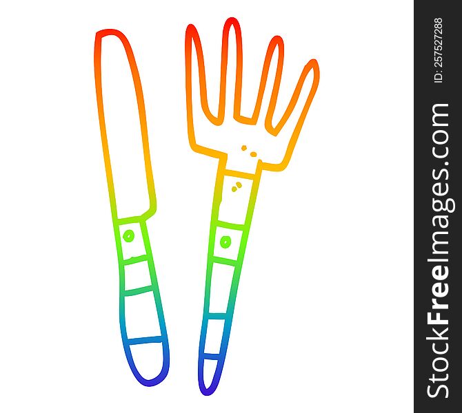 rainbow gradient line drawing of a cartoon knife and fork