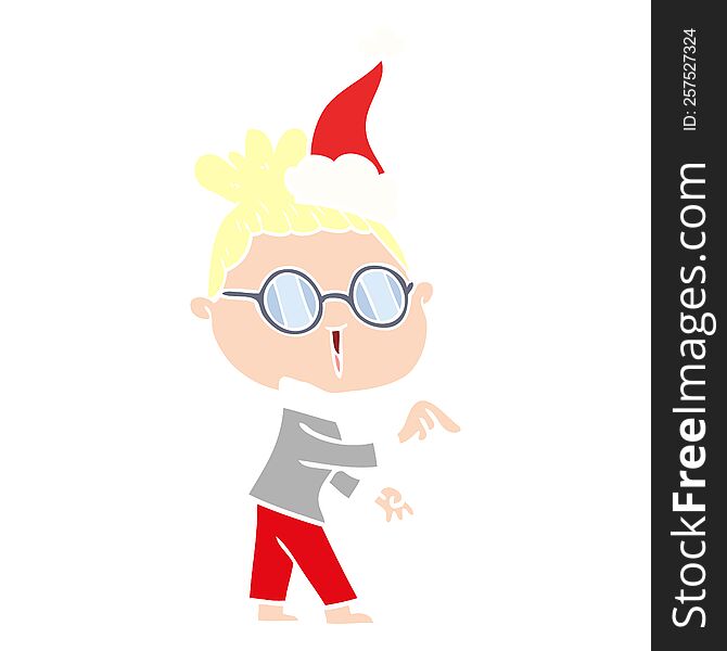 flat color illustration of a woman wearing spectacles wearing santa hat