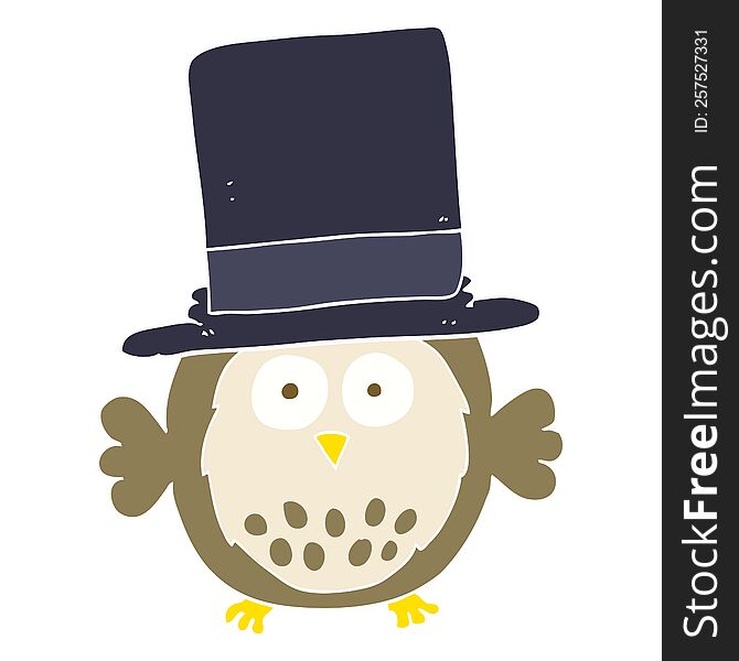 Flat Color Illustration Of A Cartoon Owl Wearing Top Hat