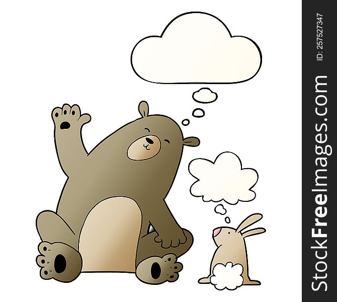 cartoon bear and rabbit friends and thought bubble in smooth gradient style