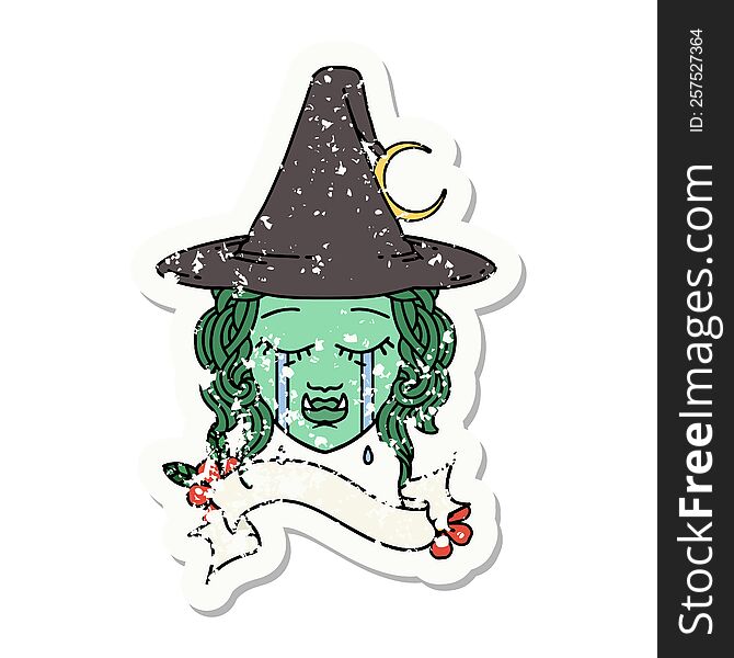 grunge sticker of a crying half orc witch character face. grunge sticker of a crying half orc witch character face