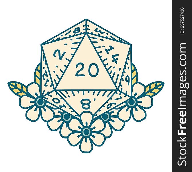 natural 20 D20 dice roll with floral elements illustration