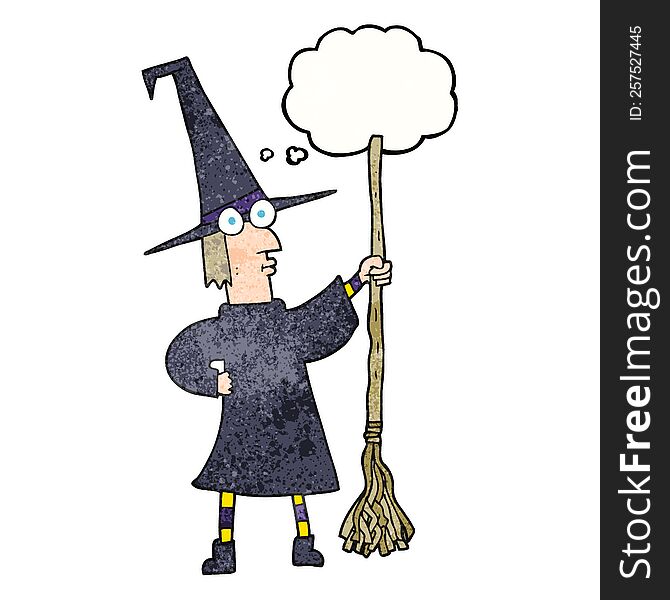 freehand drawn thought bubble textured cartoon witch with broom