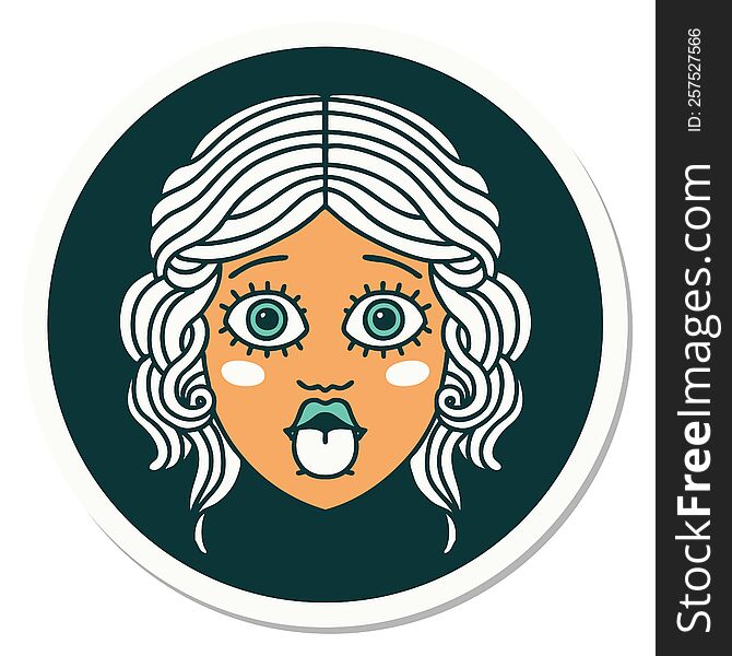 sticker of tattoo in traditional style of female face sticking out tongue. sticker of tattoo in traditional style of female face sticking out tongue